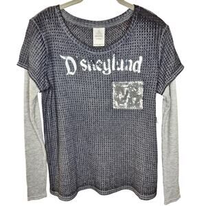 Disney Land NEW foil spellout layered look waffle knit tee w sequin pocket gray